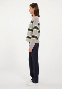 Pull en rayures grises avec des bandes vert foncé et blanches, fabriqué dans un matériau doux. Associé à un pantalon sombre et des baskets blanches.