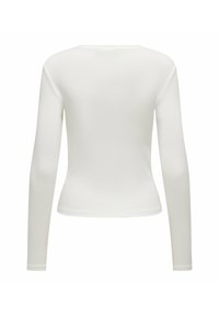 Langärmliges weißes Oberteil aus dehnbarem Material, mit rundem Ausschnitt und taillierter Silhouette, glatte Textur ohne sichtbare Nähte.