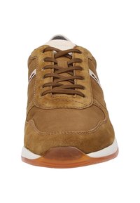 Braune Wildleder-Schnürsneaker mit runder Zehenpartie, ausgestattet mit weißen Akzenten und einer gepolsterten Sohle, die für Komfort und lässigen Tragekomfort konzipiert ist.