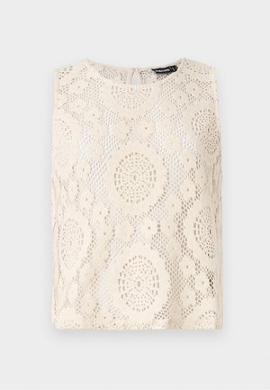 Crocheted top in ivory, featuring a round neck, no sleeves, and intricate circular and floral patterns throughout. Keyhole detail at back.