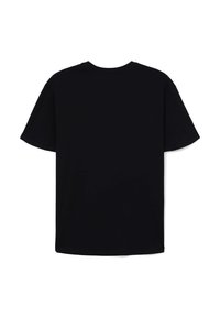 T-shirt in cotone nero con maniche corte e scollatura rotonda, texture liscia e orlo dritto. Nessun marchio o motivo visibile.