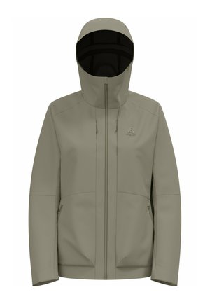 Khaki waterproof jacket with a hood, featuring a zip front, two side pockets, and textured fabric, suitable for outdoor wear.