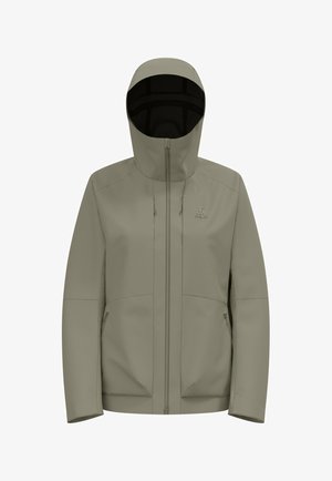 Khaki waterproof jacket with a hood, featuring a zip front, two side pockets, and textured fabric, suitable for outdoor wear.