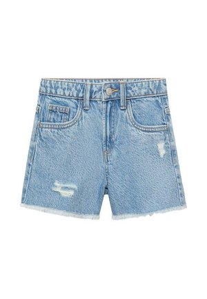 Lyseblå denimshorts med frynser ved kanterne, slidte detaljer foran, forreste knap- og lynlås-lukning samt flere lommer.