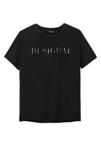 Camiseta negra de manga corta hecha de algodón, con un logo texturizado "DESIGUAL" adornado con pequeñas tachuelas decorativas.