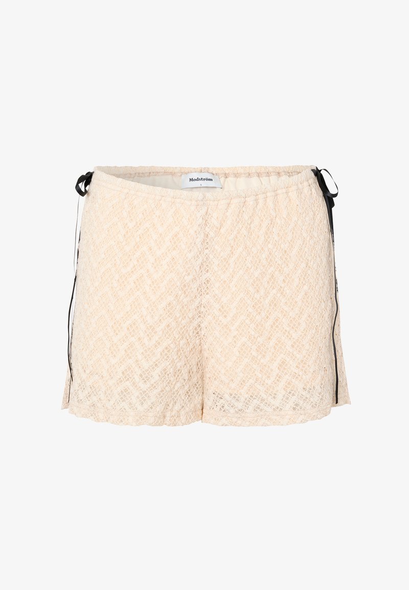 Shorts en dentelle pêche avec taille élastique, liens latéraux et motif chevron. Texture douce et coupe ample pour le confort.