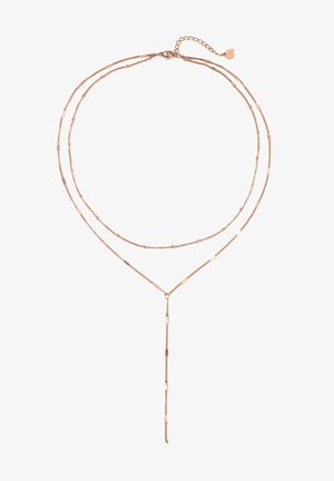 Roze gouden gelaagde ketting met twee kettingen en kralenaccenten, eindigend in een centraal druppelontwerp. Inclusief een kreeftsluiting.