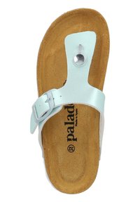 Ljusblå lädersandaler med bred rem och silverdetaljer. Formad brun korksula med "palad"-logotyp tryckt inuti.