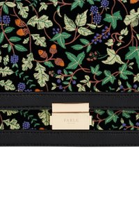Black leather bag featuring vibrant floral embroidery in green, purple, and orange. Gold hardware clasp with "FABLE ENGLAND" engraving.