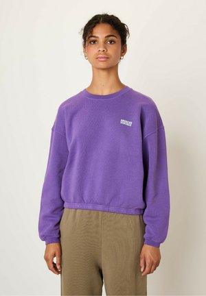 Purple cotton sweatshirt with a crew neck and ribbed hem, featuring a small "American Vintage" logo on the chest. Loose-fitting design.