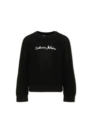 Maglione nero in maglia con maniche lunghe, polsini e orlo a coste, con testo logo bianco "Calvin Klein" sul petto.
