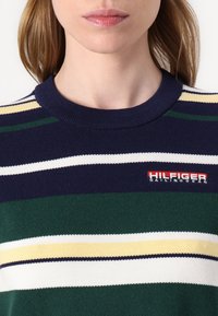 Maglione a costine a righe con strisce blu navy, verdi, bianche e gialle; collo a costine; logo "HILFIGER SAILING GEAR" in rosso sul lato sinistro del petto.