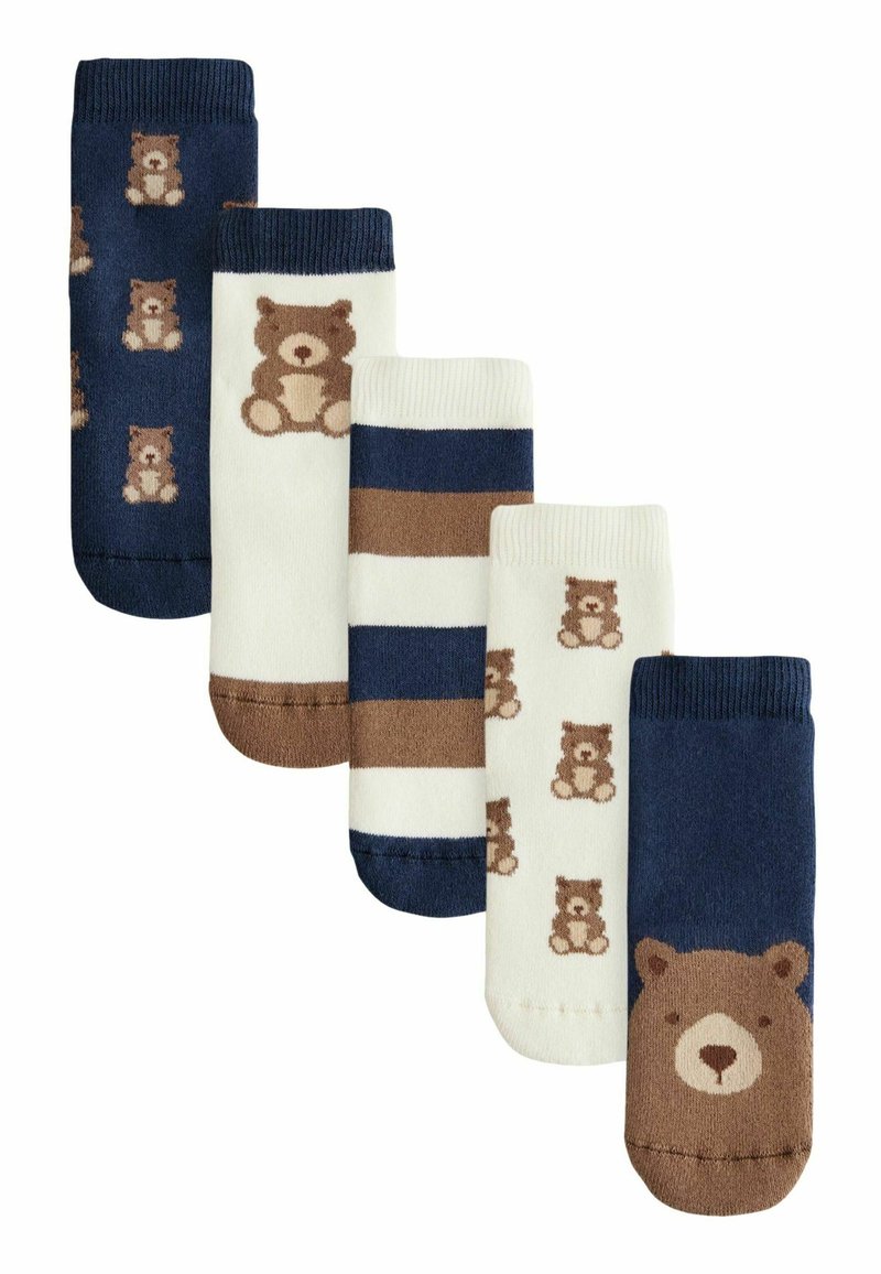Cinque paia di calzini di cotone: blu con motivi di orsi, strisce color crema e dettagli marroni. Presentano visi di orso e piccole illustrazioni di orsetti.