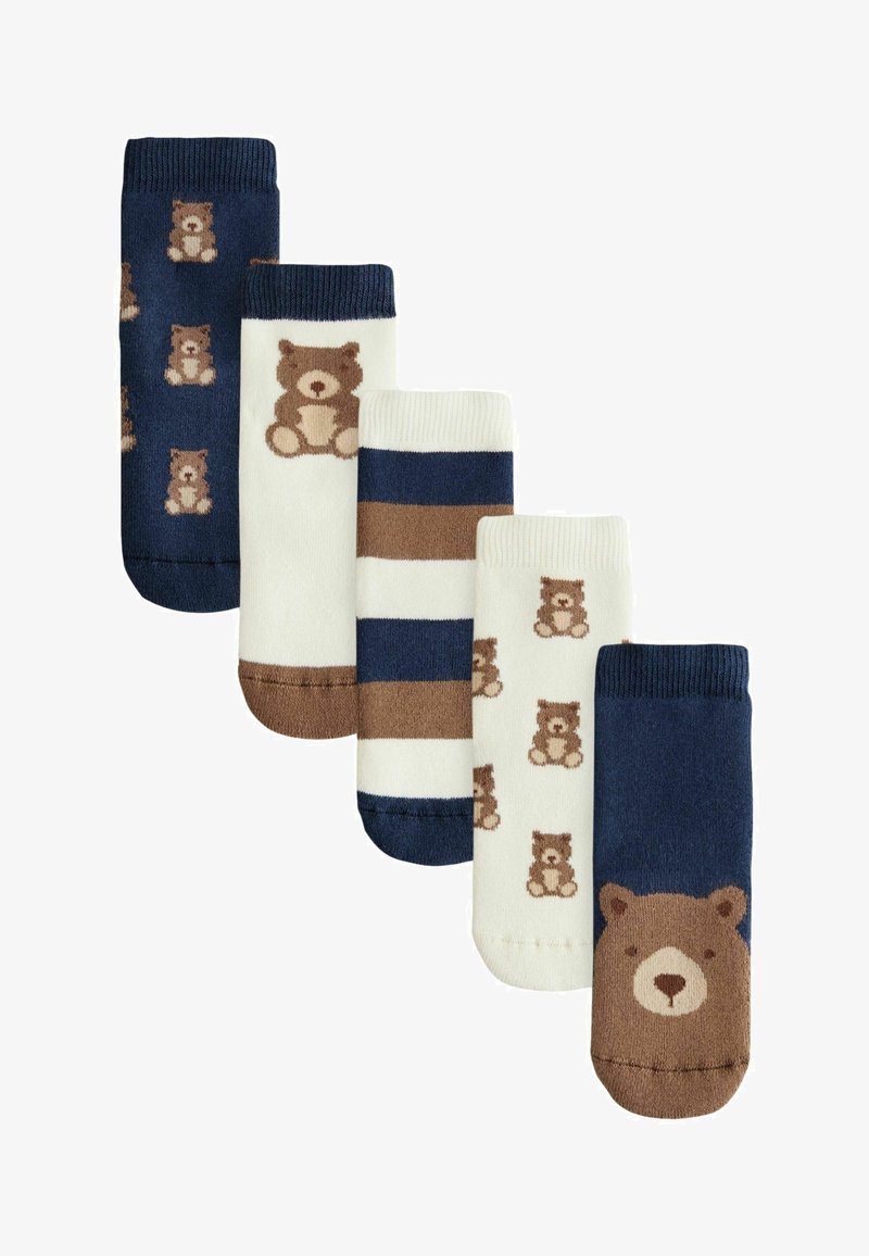 Fünf Paar Baumwollsocken: navy mit Bärenmustern, cremefarbene Streifen und braune Akzente. Mit Bärengesichtern und kleinen Teddybär-Illustrationen.