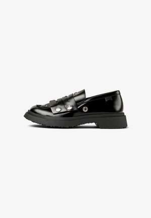 Black glossy loafers with a sturdy sole, featuring decorative straps and metallic details, displayed against a white background.