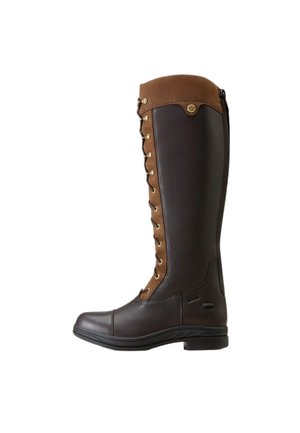 Botte d’équitation haute en cuir marron avec lacets sur le côté, une fermeture éclair à l’arrière et un talon bas.