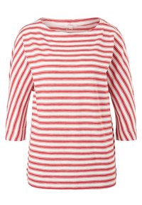 Rood-wit gestreepte 3/4 mouw shirt gemaakt van katoen, met een bootnek en zijsplitsingen aan de zoom voor een relaxed fit.