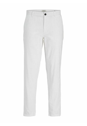 Pantalon blanc pour homme coupe slim avec passants de ceinture, fermeture à boutons sur le devant et poches latérales.