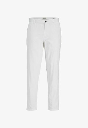 Weiße Slim-Fit-Herrenhose mit Gürtelschlaufen, Knopfverschluss vorne und Seitentaschen.