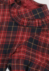 Röd och marinblå rutig blus med en volangkrage, med vita och gyllene accenter i rutmönstret. Mjuk tyg med en texturerad yta.