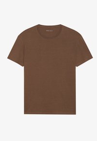 Brun crew-neck T-skjorte laget av myk bomull, med korte ermer og en glatt tekstur, uten synlige logoer eller mønstre.