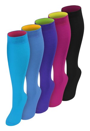 Fünf Paare knielanger Kompressionssocken in Blau, Hellblau, Lila, Magenta und Schwarz, jeweils mit kontrastfarbigem Innenbund.