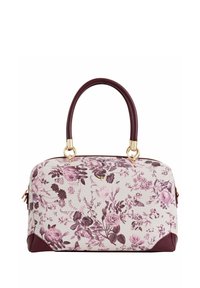 Blumenmuster-Handtasche mit einem cremefarbenen Grund, versehen mit lila und burgunderfarbigen Akzenten, goldenen Beschlägen und Ledergriffen.