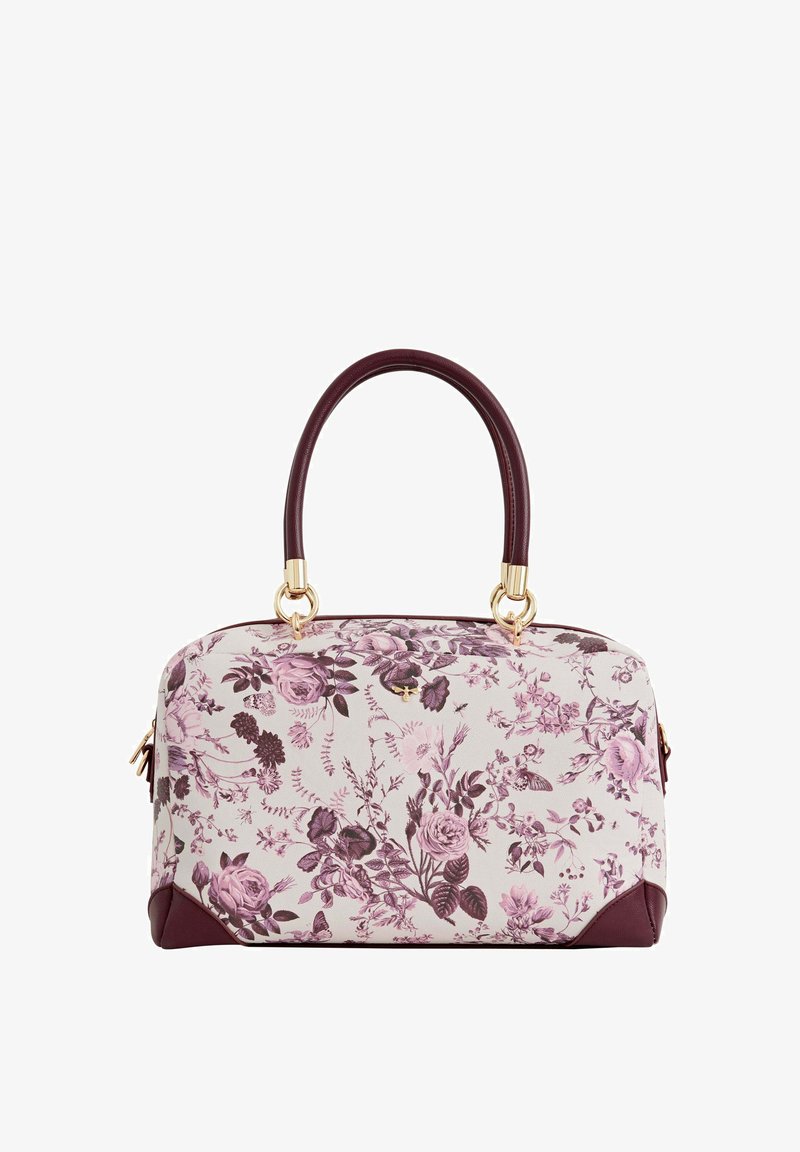 Gėlių rašto rankinė su kreminiu pagrindu, dekoruota violetinėmis ir burgundiškomis detalėmis, auksine furnitūra ir odiniais rankenomis.