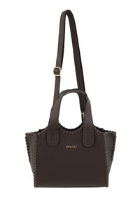 Tumepruun nahast käekott õmmeldud äärtega, kahe lühikese käepidemega, reguleeritava õlarihmaga ning esiküljel kuldne "RYŁKO" logo.