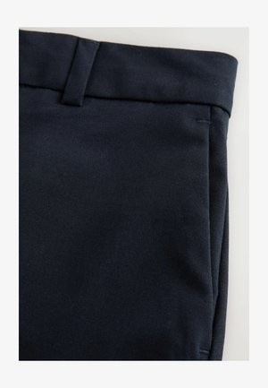 Navy blue trousers made from a smooth, textured fabric. Features a straight cut with a simple waistband and side seams.