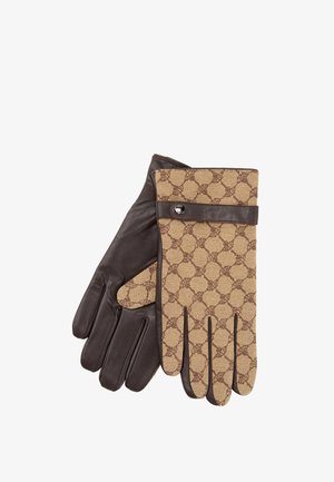 Paar Handschuhe mit brauner Lederhandfläche und beigem Stoffrücken mit braunem, ineinandergreifendem Muster sowie einem Lederband mit Metallknopf.