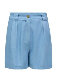 Valaise vaaleansiniset shortsit, jotka on tehty teksturoidusta kankaasta. Niissä on napitus, laskokset ja sivutaskut. Mukautettu mitoitus ja huolitellut reunat.