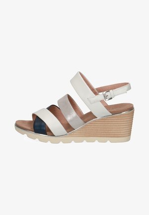 Wedge sandal with three colored straps: off-white, light grey, and navy. Features a textured lightweight sole and adjustable ankle strap.