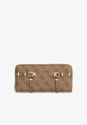 Brown Guess zip-around wallet with monogram print and gold-tone buckle accents on front.
