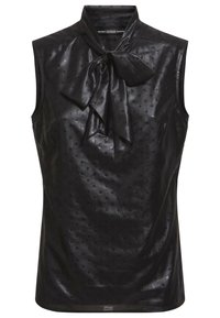 Blouse noire sans manches avec un col montant et un détail de nœud. Fabriquée dans un matériau brillant avec un motif à pois subtil sur toute la surface.