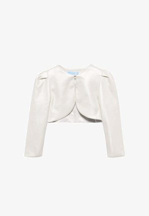 Giacca bolero bianca corta con maniche lunghe a sbuffo e piccola chiusura a clip al collo.