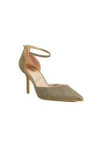 Metallic gold high-heeled pump with a pointed toe and ankle strap. Textured fabric with a fine weave. Stiletto heel adds height.