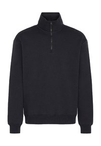 Pull en polaire noire avec un col zippé quart, des manches longues, des poignets et un ourlet côtelés. Texture lisse et design minimaliste.