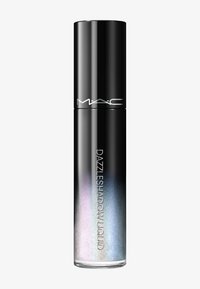 Ombretto liquido Dazzleshadow di MAC in un tubo trasparente con tappo nero, che mostra tonalità iridescenti scintillanti di argento e blu.