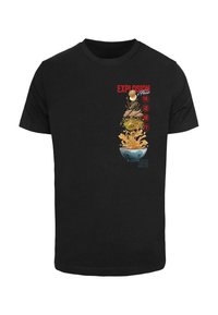 Black t-shirt featuring colorful graphic design of noodles and ingredients with the text "Explosion of Flavor" in red and white.
