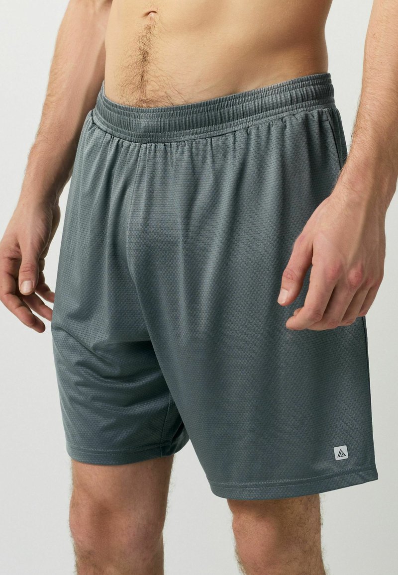 Shorts de sport gris en tissu mesh respirant, dotés d'une taille élastique et d'un petit logo sur l'ourlet inférieur.