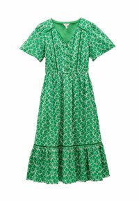 Zelené šaty s krátkym rukávom, výstrihom do V, elastickým pásom a našitým volánom. Obsahuje bielu kvetinovú potlač a hladkú textúru.