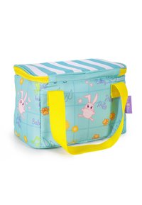 Small rectangular insulated lunch bag with blue and white stripes lid, yellow zipper and handles, decorated with pink bunnies and paw prints.