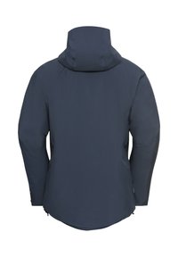 Giacca impermeabile blu navy con cappuccio, caratterizzata da una texture liscia, maniche lunghe e un orlo arrotondato. Inclusi tasche laterali con zip.