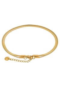 Bracciale in metallico dorato con un design a rete flessibile, dotato di una chiusura a forma di cuore e di una catena regolabile per la misura.
