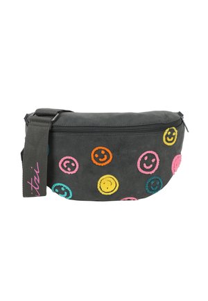 Dunkelgraue Stoff-Gürteltasche mit bunten, bestickten Smiley-Gesichtern und einem breiten, verstellbaren Träger mit pinkem Kursive-Schriftzug.