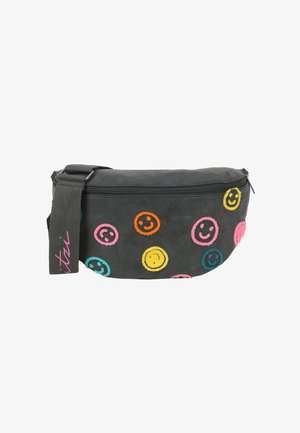 Dark gray fabric waist bag with colorful embroidered smiley faces and a wide adjustable strap with pink cursive text.