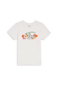 Bílý bavlněný tričko s květinovým grafickým designem v růžové, oranžové a zelené barvě, s textem "J. Neill Santa Cruz" v černé. Krátké rukávy.
