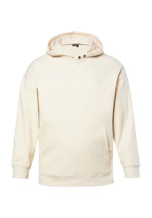 Cream-colored hoodie with front kangaroo pocket, ribbed cuffs, and black snap buttons near the hood opening.
