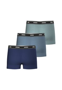Trois paires de boxers en bleu marine, turquoise et bleu clair. Chacune dispose d'une ceinture noire avec "ATHENA" en lettres blanches.